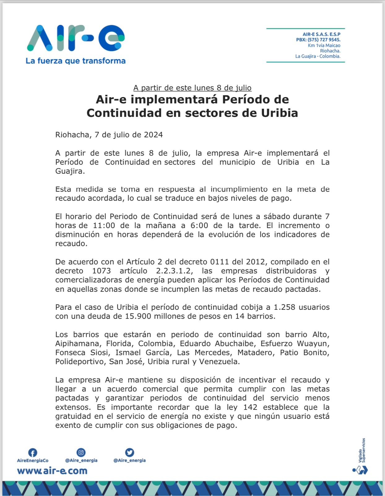 Preocupación en Uribia por drástica medida de Air-e que reduce horas de servicio eléctrico