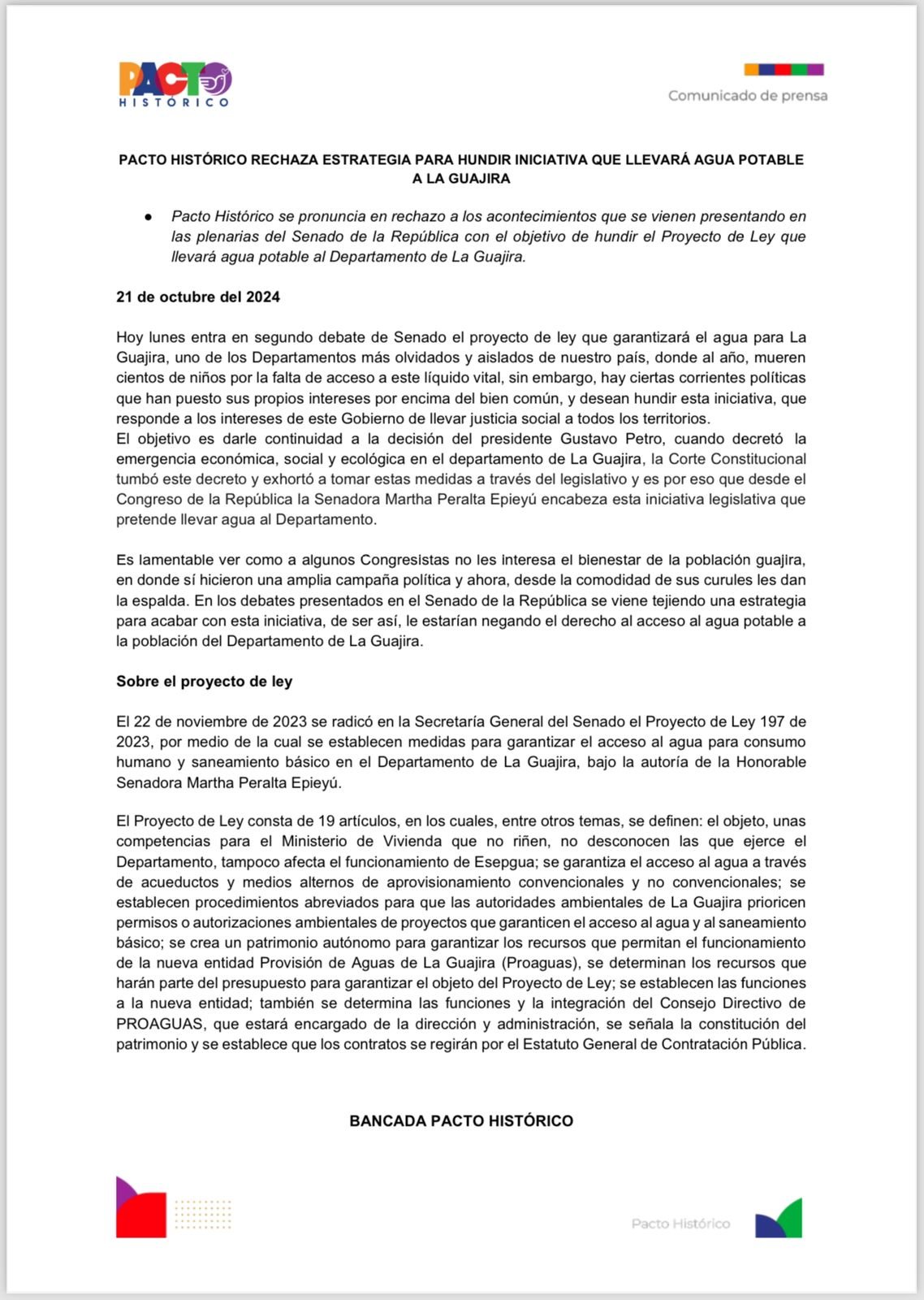 Senadora Martha Peralta lidera defensa del proyecto de agua potable para La Guajira en medio de controversia en el Senado