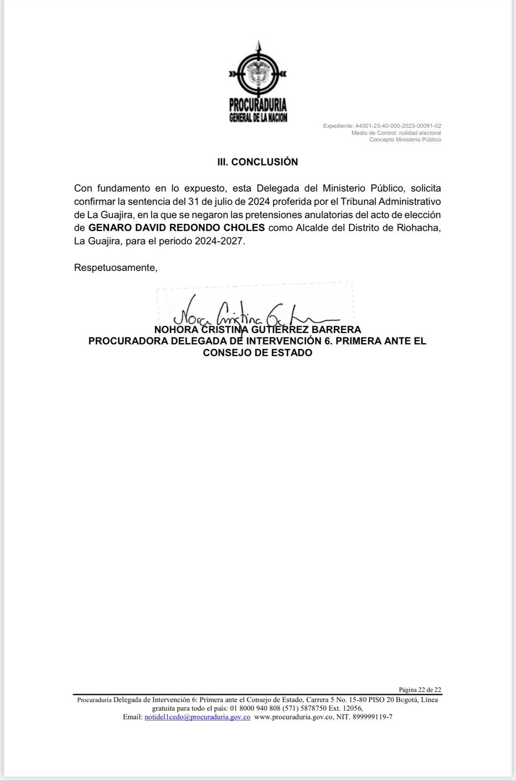 Procuraduría General recomienda al Consejo de Estado confirmar fallo de primera instancia a favor del alcalde de Riohacha