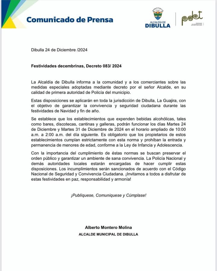 Alcaldía de Dibulla decretó horarios para venta de licores durante la Navidad y el Fin de Año