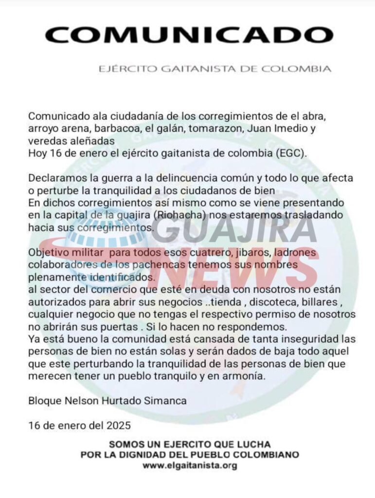 Advertencias de grupos armados generan tensión en Riohacha y sus alrededores