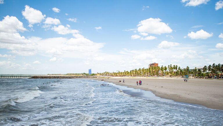Vista panorámica de una playa en Riohacha, La Guajira, con el mar en primer plano y suaves olas llegando a la orilla. La arena extensa tiene algunas personas caminando y disfrutando del paisaje. Al fondo, una línea de palmeras, edificios y un muelle se extienden bajo un cielo azul con nubes blancas.
