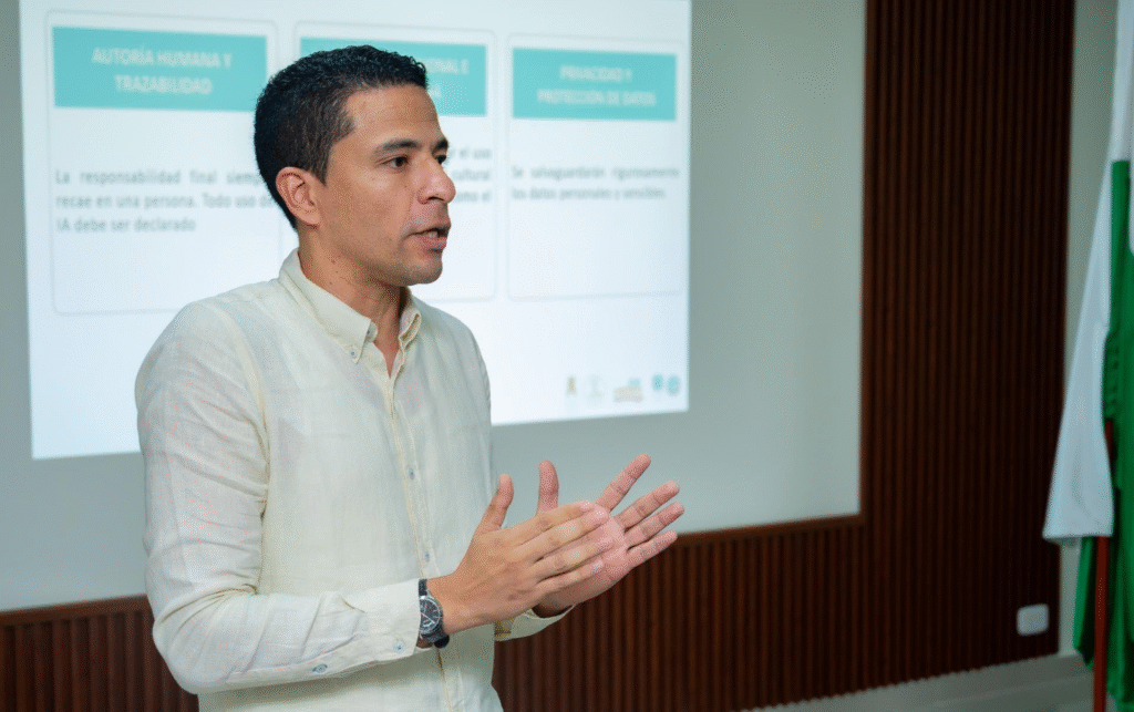 Carlos Mario Márquez López, vicerrector de Investigación y Extensión de la Universidad de La Guajira, durante la presentación de la Política Institucional de Inteligencia Artificial ante el Consejo Superior.