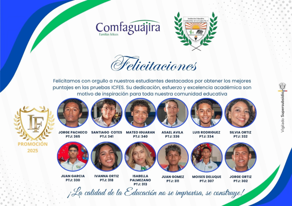 Institucion educativa Comfamiliar de La Guajira, excelente puntaje pruebas Icfes Saber 11 2025